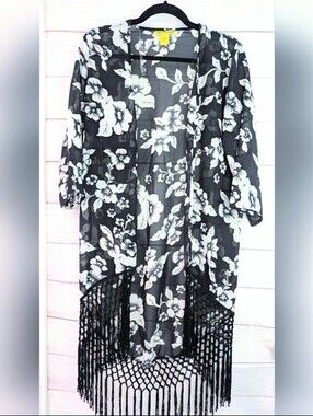 Miss Innocent Tropical 🍹 🐠 🍹 Floral Fringe Sheet Kimono / Swimsuit Coverup M